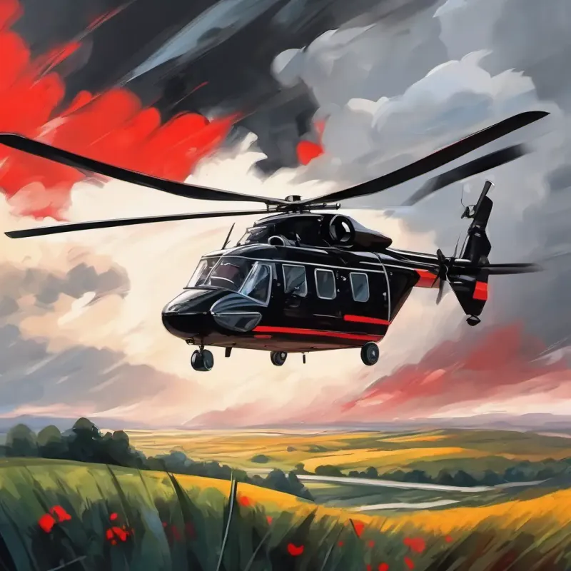 A shiny black helicopter with big blades and a big red cross flying into the storm, blocking wind with his blades