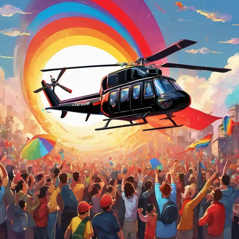 A shiny black helicopter with big blades and a big red cross being cheered by Happy people cheering for Blacky, with a sun and a rainbow in the sky