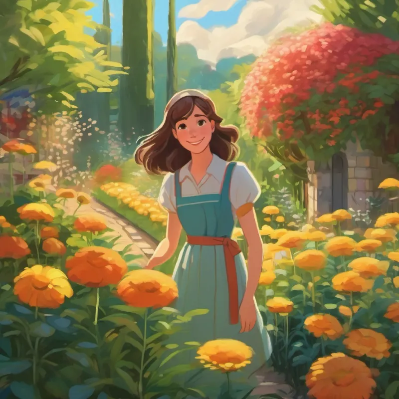 Hanna in a garden, smiling broadly.