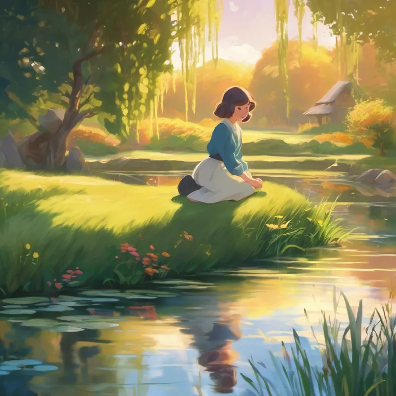Sophie by the pond, tears rolling down.