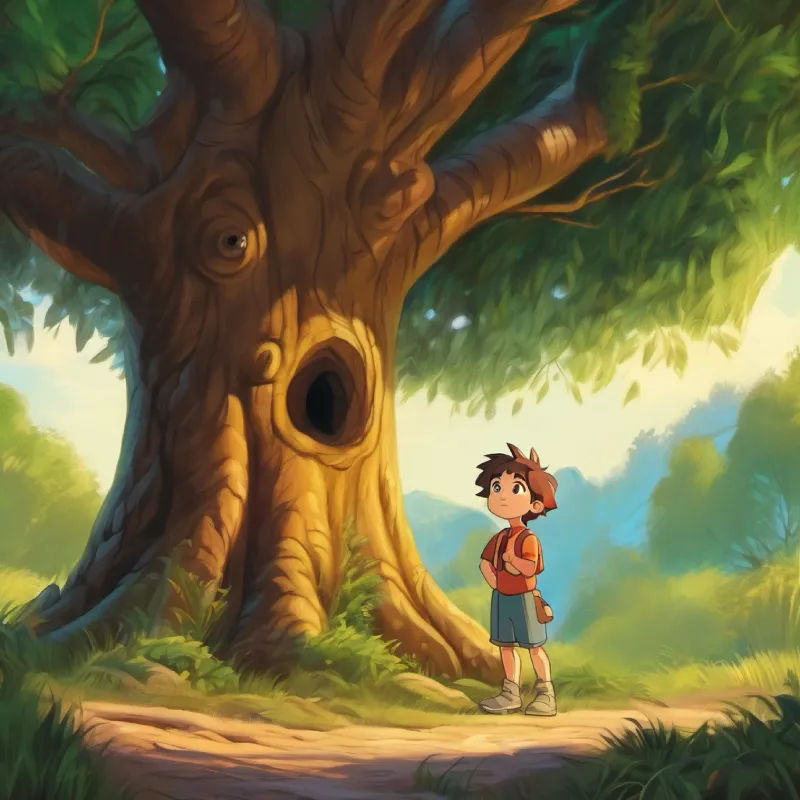 Sam behind a tree, looking frightened.
