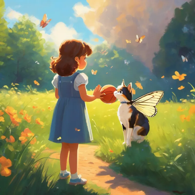 Sophie watching the ball, a butterfly on her hand.