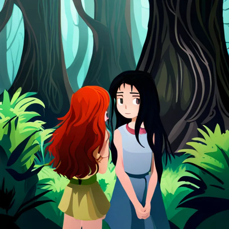 A brave and intelligent girl with long brown hair and Maya's loyal and adventurous best friend with red hair confront and defeat the A mysterious figure dressed in black with glowing red eyes