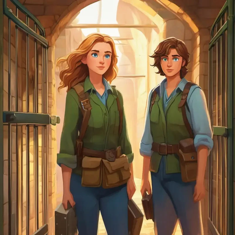 Brown hair, blue eyes, brave and smart and Blonde hair, green eyes, brave and adventurous in a secret prison, planning to escape, with guards and a strange remote location