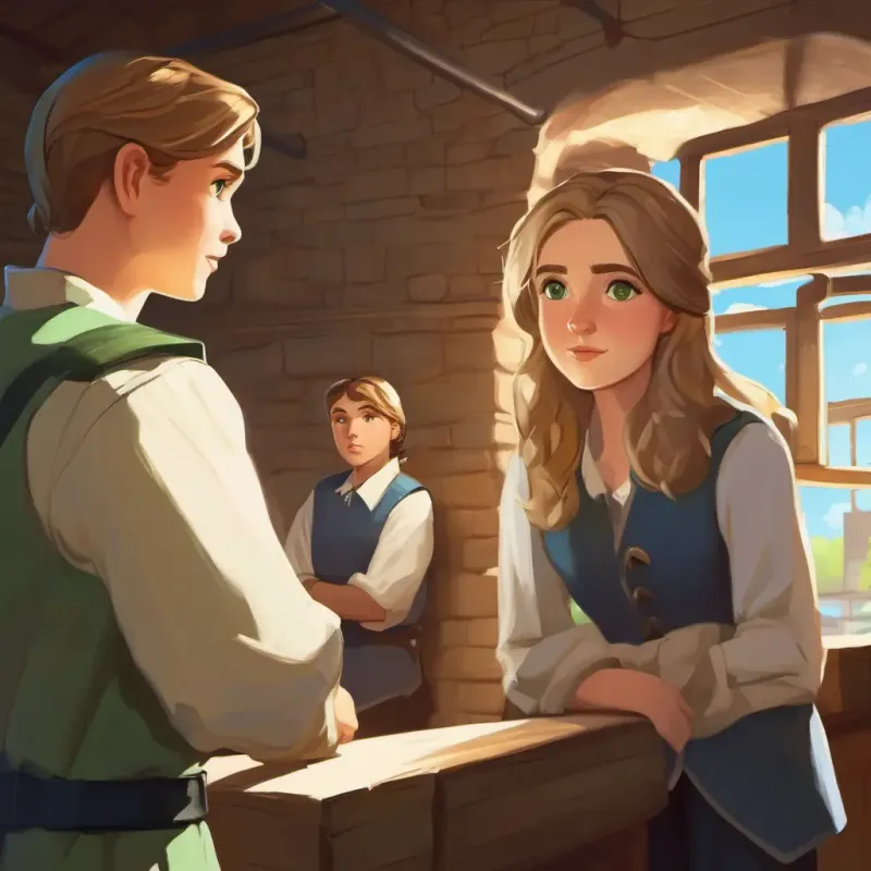 Brown hair, blue eyes, brave and smart and Blonde hair, green eyes, brave and adventurous making a clever plan to escape the prison with guards around