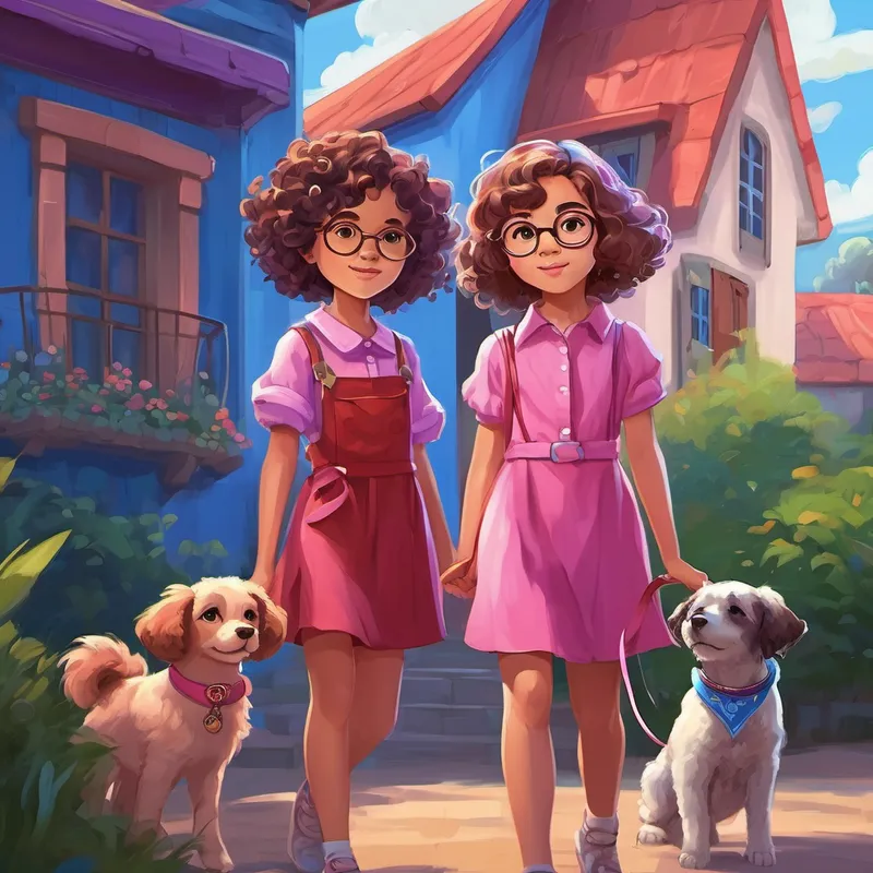 Curly-haired girl wearing a pink dress and Short-haired girl with glasses and a purple shirt at Blue puppy with a red bandana and Brown puppy with a blue collar's house