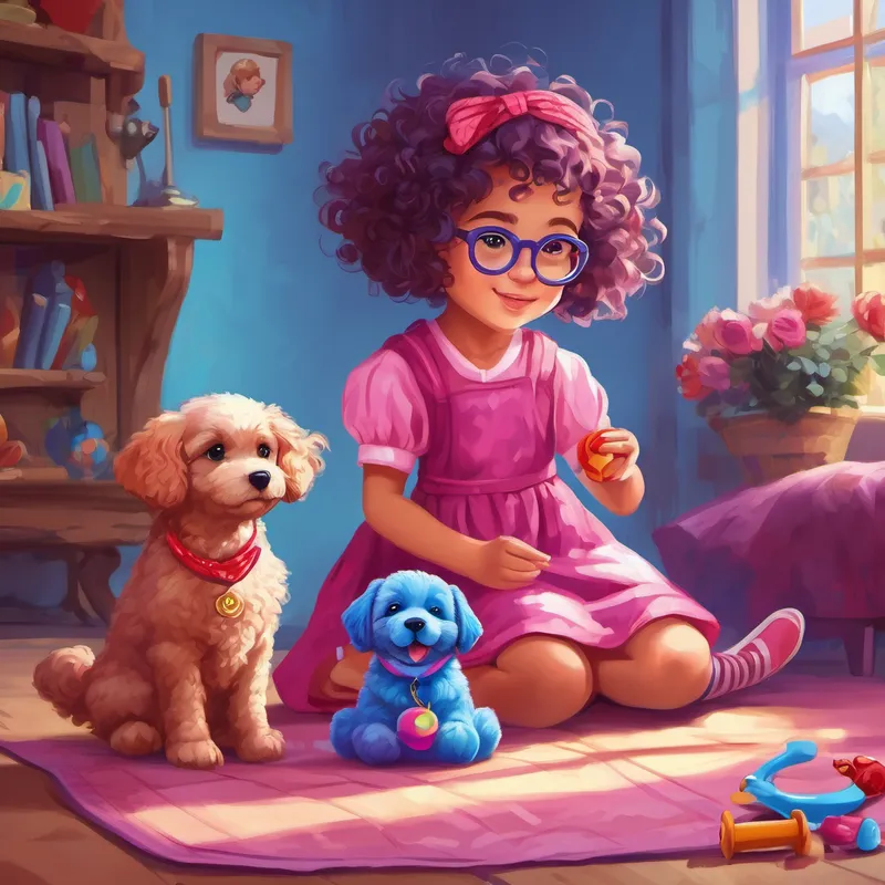 Curly-haired girl wearing a pink dress and Short-haired girl with glasses and a purple shirt playing with Blue puppy with a red bandana's toys