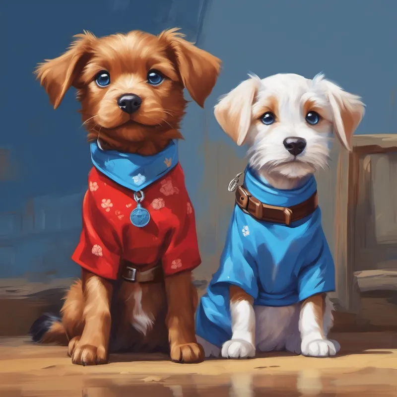 Blue puppy with a red bandana and Brown puppy with a blue collar showing their secret hiding spot