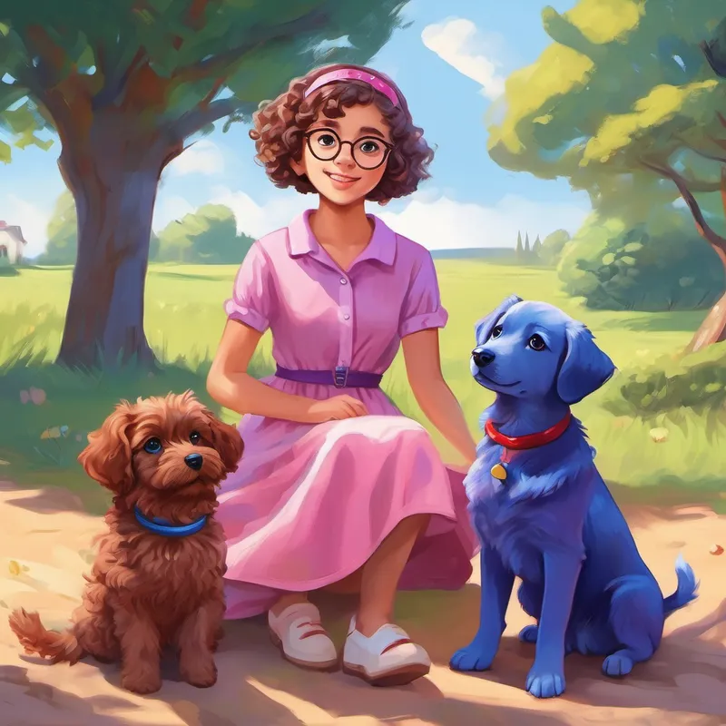 Curly-haired girl wearing a pink dress, Short-haired girl with glasses and a purple shirt, Blue puppy with a red bandana, and Brown puppy with a blue collar having a picnic