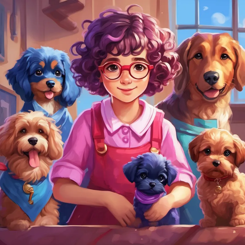 Curly-haired girl wearing a pink dress, Short-haired girl with glasses and a purple shirt, Blue puppy with a red bandana, and Brown puppy with a blue collar painting pictures