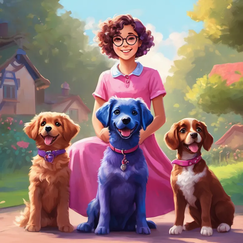 Curly-haired girl wearing a pink dress, Short-haired girl with glasses and a purple shirt, Blue puppy with a red bandana, and Brown puppy with a blue collar having fun