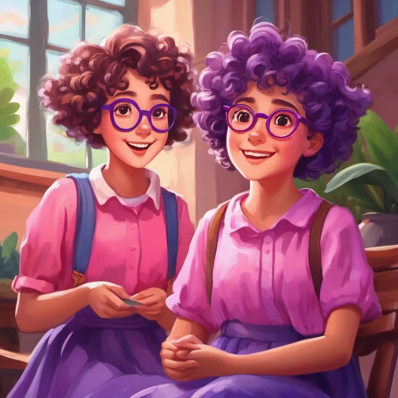 Curly-haired girl wearing a pink dress and Short-haired girl with glasses and a purple shirt talking about their fun day