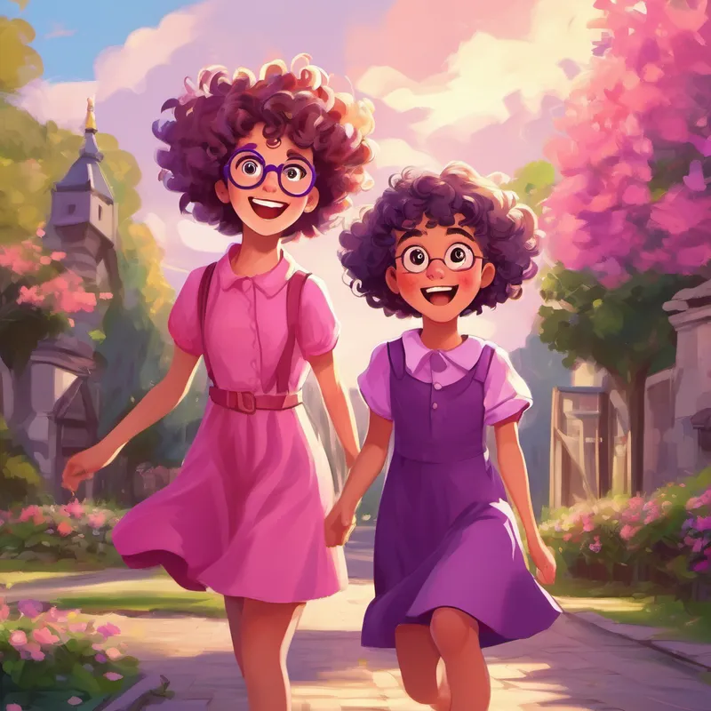 Curly-haired girl wearing a pink dress and Short-haired girl with glasses and a purple shirt excited to visit again