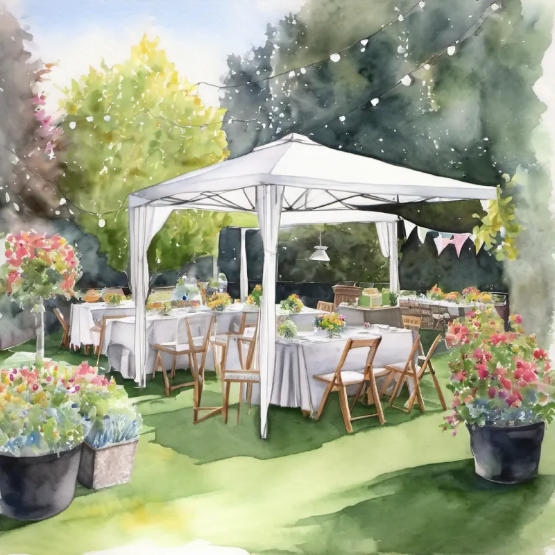 Party setup, transformed backyard, awaiting guests