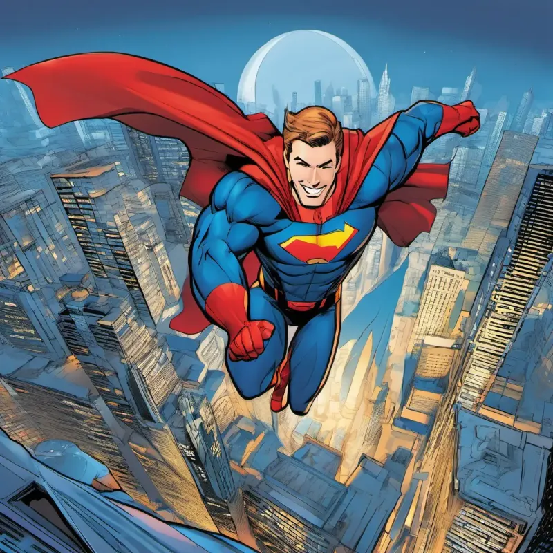 Superhero has a red cape, blue suit, and a big smile flying in the sky, city buildings in the background