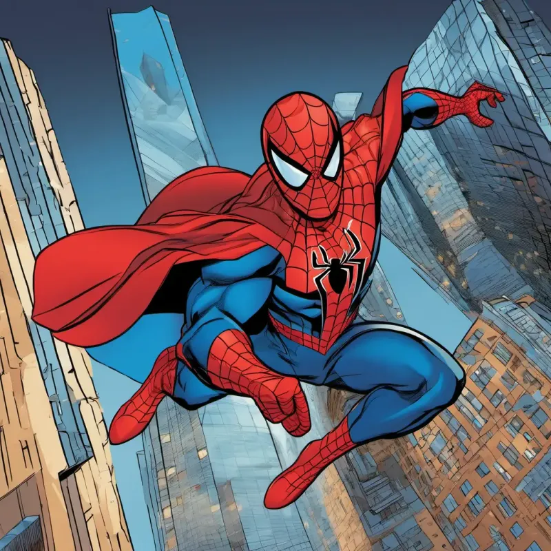 Superhero has a red cape, blue suit, and a big smile flying up to a tall building, Spiderman wears a red and blue suit, has a mask, and can shoot webs trapped on top