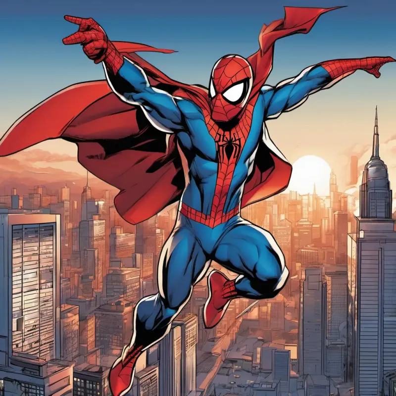 Superhero has a red cape, blue suit, and a big smile and Spiderman wears a red and blue suit, has a mask, and can shoot webs swinging together, city skyline in the background