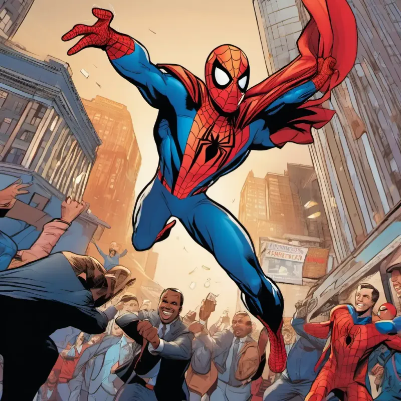 Superhero has a red cape, blue suit, and a big smile and Spiderman wears a red and blue suit, has a mask, and can shoot webs stopping bank robbers, people cheering in the background