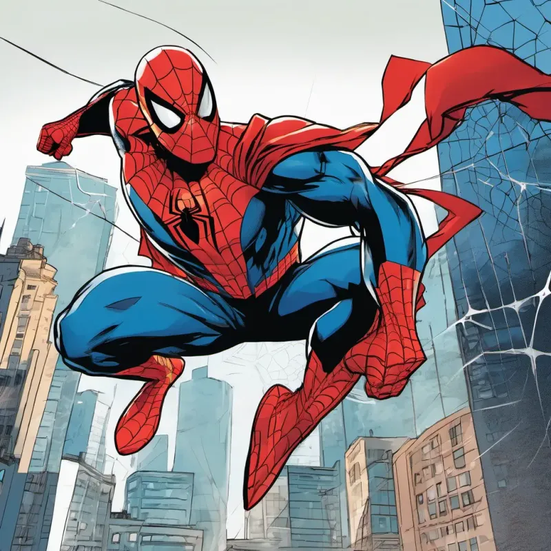 Superhero has a red cape, blue suit, and a big smile and Spiderman wears a red and blue suit, has a mask, and can shoot webs standing together, city in the background