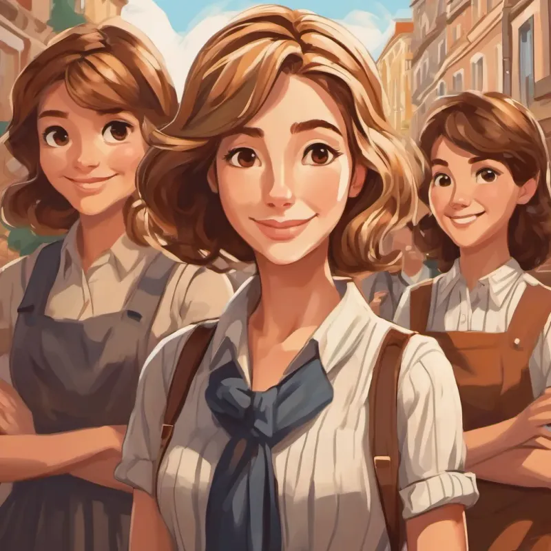 Lovely lady with brown eyes and brown blonde stripy hair, with brown eyes and brown blonde stripy hair, surrounded by her cheerful workmates
