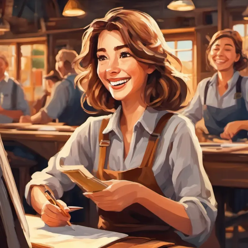 Lovely lady with brown eyes and brown blonde stripy hair happily working and laughing with her workmates