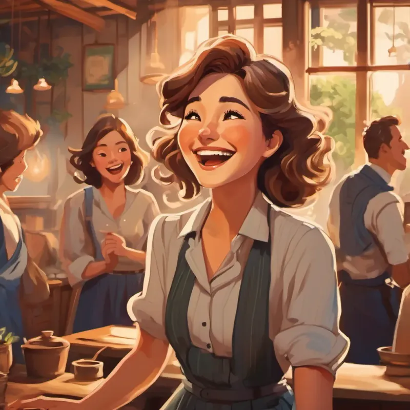 Lovely lady with brown eyes and brown blonde stripy hair laughing with her workmates while they tease her by calling her 'Rora'