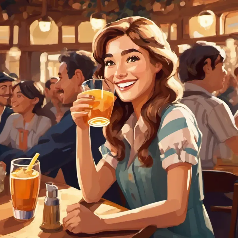Lovely lady with brown eyes and brown blonde stripy hair smiling and enjoying her drink while her workmates cheer her on