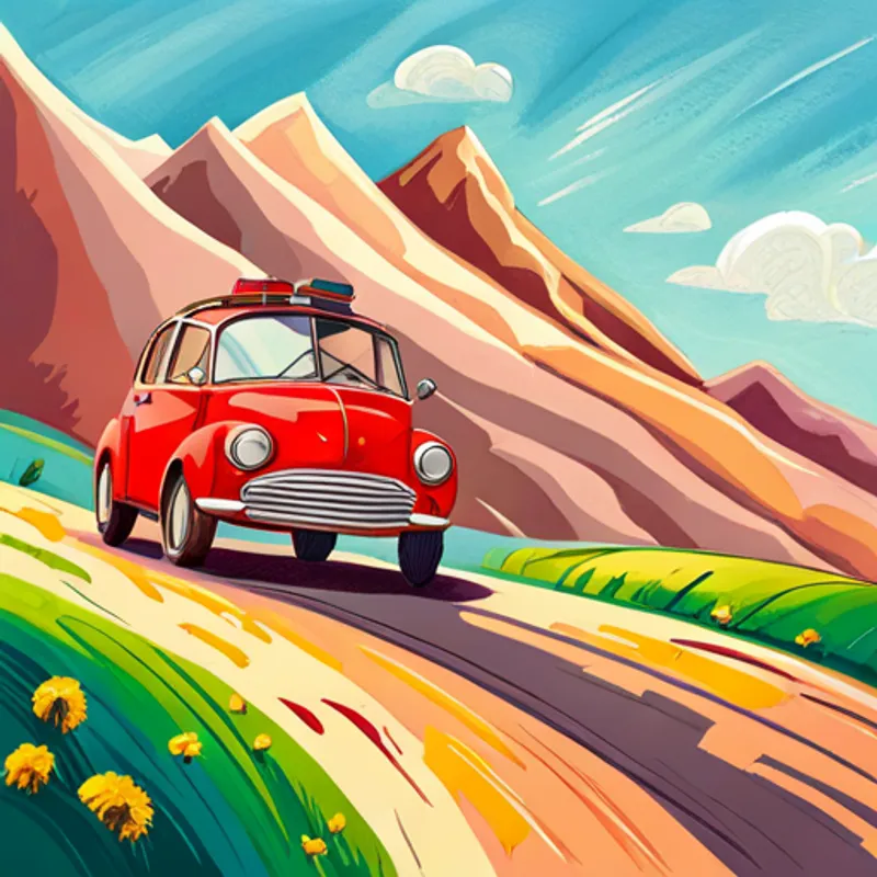 Ruby, a red car, driving on a sunny road