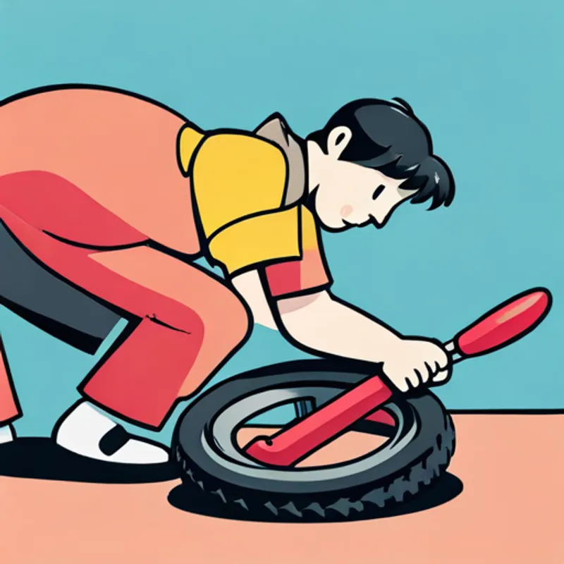 Benny using his tools to fix Ruby's punctured wheel