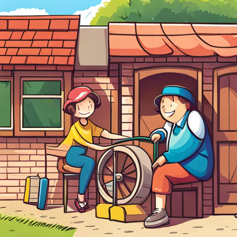 Ruby and Benny talking and laughing while Benny fixes the wheel