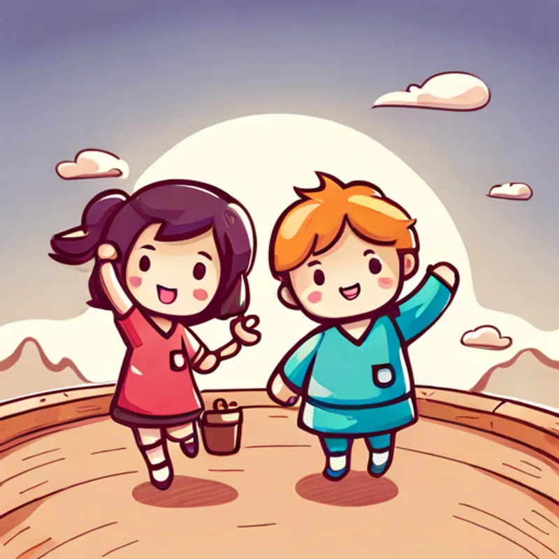 Ruby and Benny waving goodbye with smiles on their faces