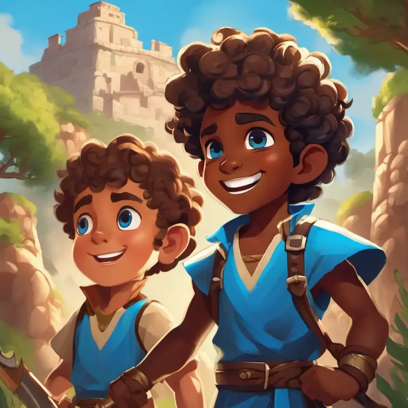 Smiling shepherd boy with curly brown hair and bright blue eyes prepares to battle Giant warrior with dark skin and fierce eyes, Giant warrior with dark skin and fierce eyes's mockery, Smiling shepherd boy with curly brown hair and bright blue eyes's bold reply