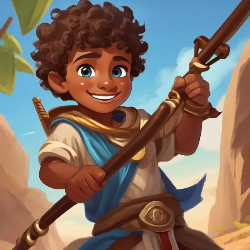 Smiling shepherd boy with curly brown hair and bright blue eyes's clever shot with the slingshot defeats Giant warrior with dark skin and fierce eyes, Israelites victorious
