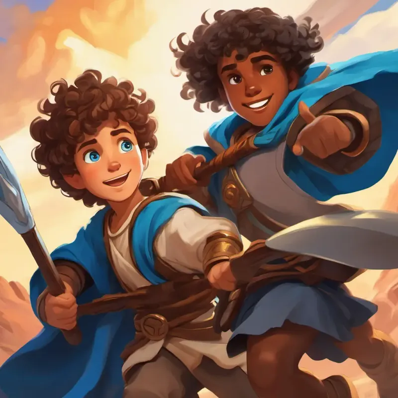 Story conclusion, moral of the story, playful battle between Smiling shepherd boy with curly brown hair and bright blue eyes and Giant warrior with dark skin and fierce eyes