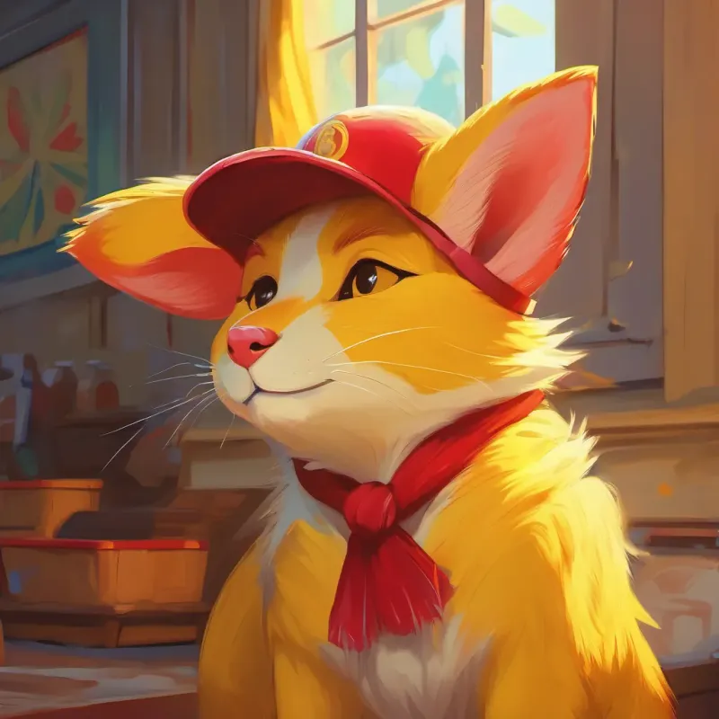Bright yellow, red cheeks, pointy ears wakes up in the morning, bright yellow fur shining, eager for the day.