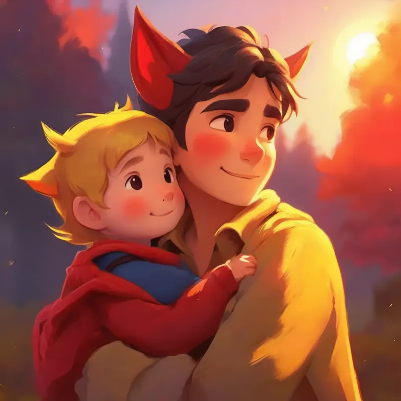 Bright yellow, red cheeks, pointy ears rests in Ash's arms at sunset, feeling loyal and happy after the day's excitement.