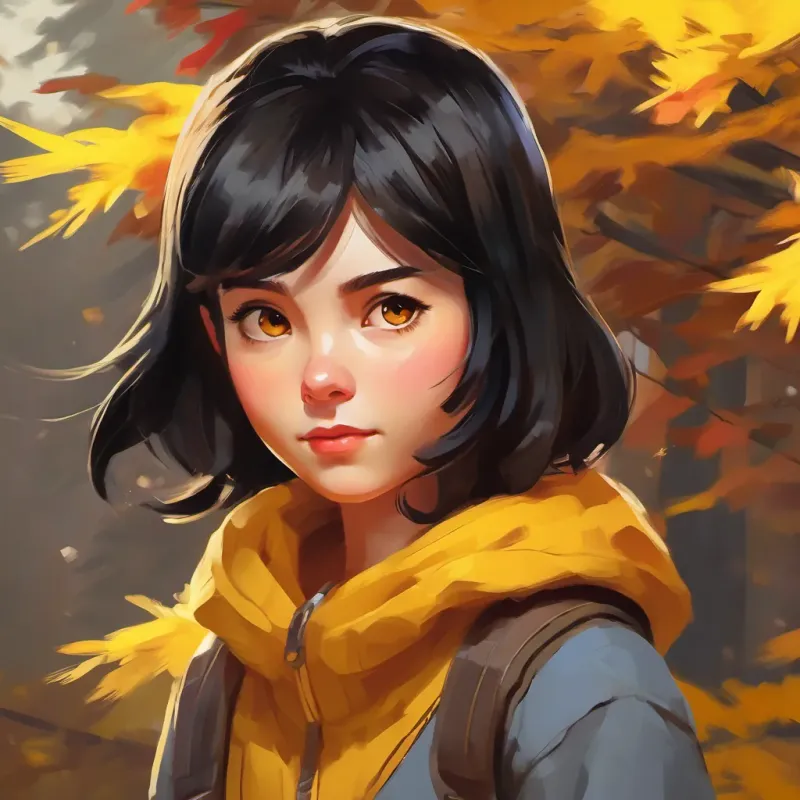 Black hair, brown eyes, determined look asks Bright yellow, red cheeks, pointy ears about the adventure, Bright yellow, red cheeks, pointy ears nodding eagerly, ready to go.
