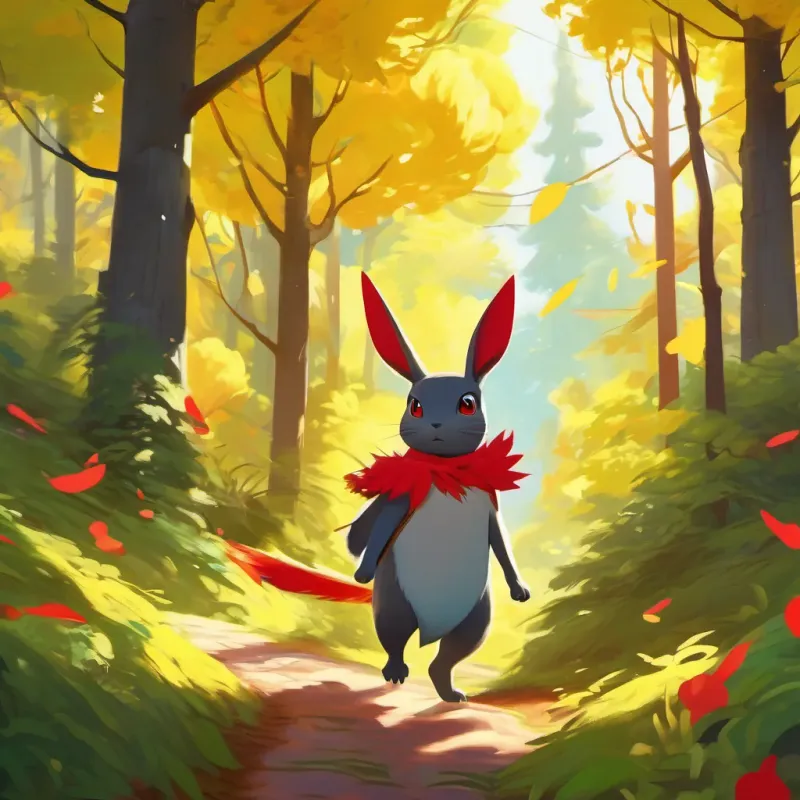 Ash and Bright yellow, red cheeks, pointy ears move through a forest with tall trees and chirping Pokémon, Bright yellow, red cheeks, pointy ears leads.