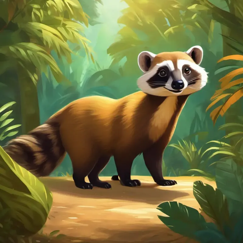 Introducing Playful coati, brown fur, intelligent eyes, agile and fun, setting the Amazon scene