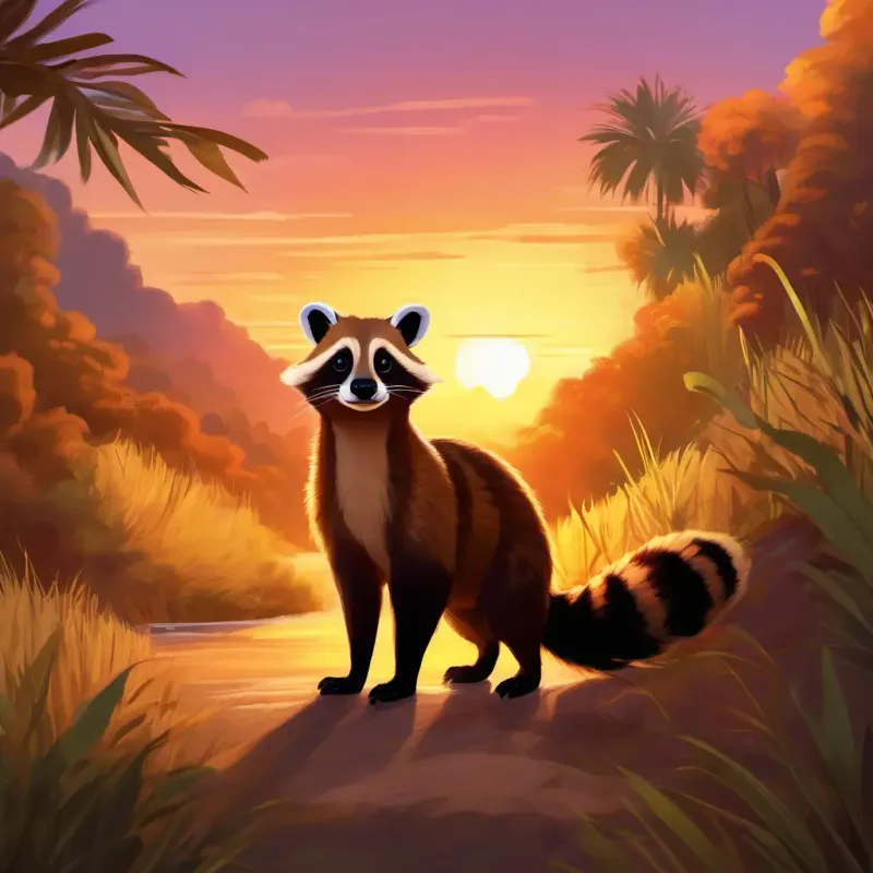 Sunset farewells, Playful coati, brown fur, intelligent eyes, agile and fun content until tomorrow
