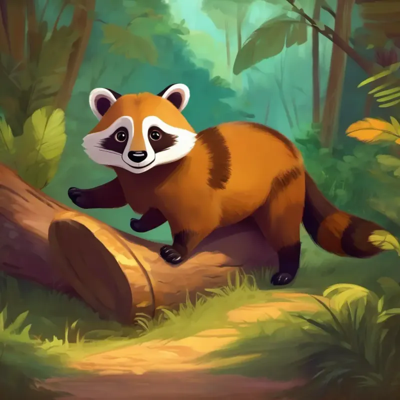 Playful coati, brown fur, intelligent eyes, agile and fun dreaming of happy moments as story ends
