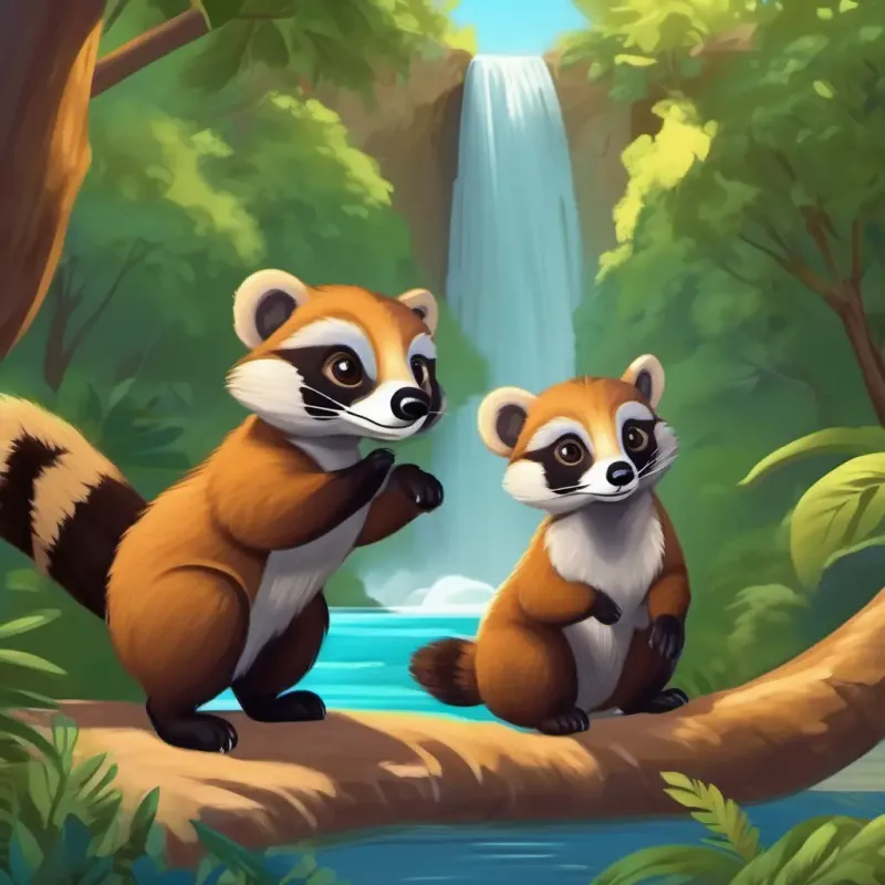 Playful coati, brown fur, intelligent eyes, agile and fun hears tourists by the falls