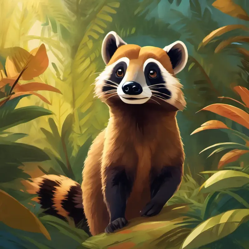 Playful coati, brown fur, intelligent eyes, agile and fun approaches tourists, curious and hungry