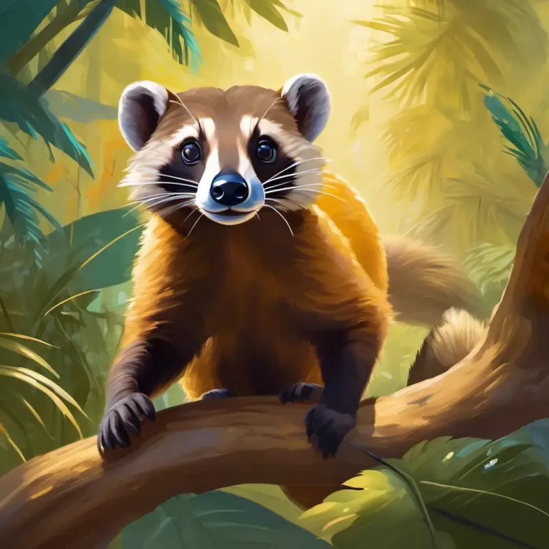 Playful coati, brown fur, intelligent eyes, agile and fun impresses tourists with acrobatics