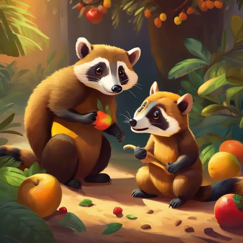 Tourists reward Playful coati, brown fur, intelligent eyes, agile and fun with fruit for his performance