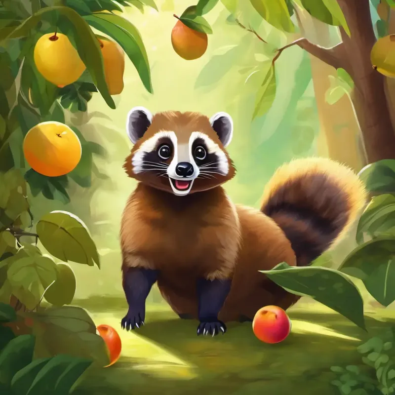 Playful coati, brown fur, intelligent eyes, agile and fun is happy with friends and fruit
