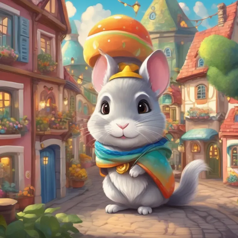 A lively chinchilla in a whimsical town filled with colorful houses and fantastical elements, wearing a bright and sparkling cap.