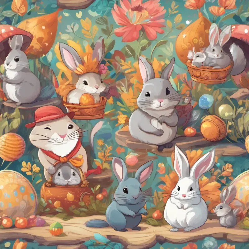 A playful chinchilla with a bright and sparkling cap in a whimsical style, A lively squirrel with a playful demeanor in a colorful and whimsical setting, and A curious rabbit with a joyful expression in a bright and fantastical environment dancing and twirling in a whimsical world filled with magic and joy, celebrating their adventures.