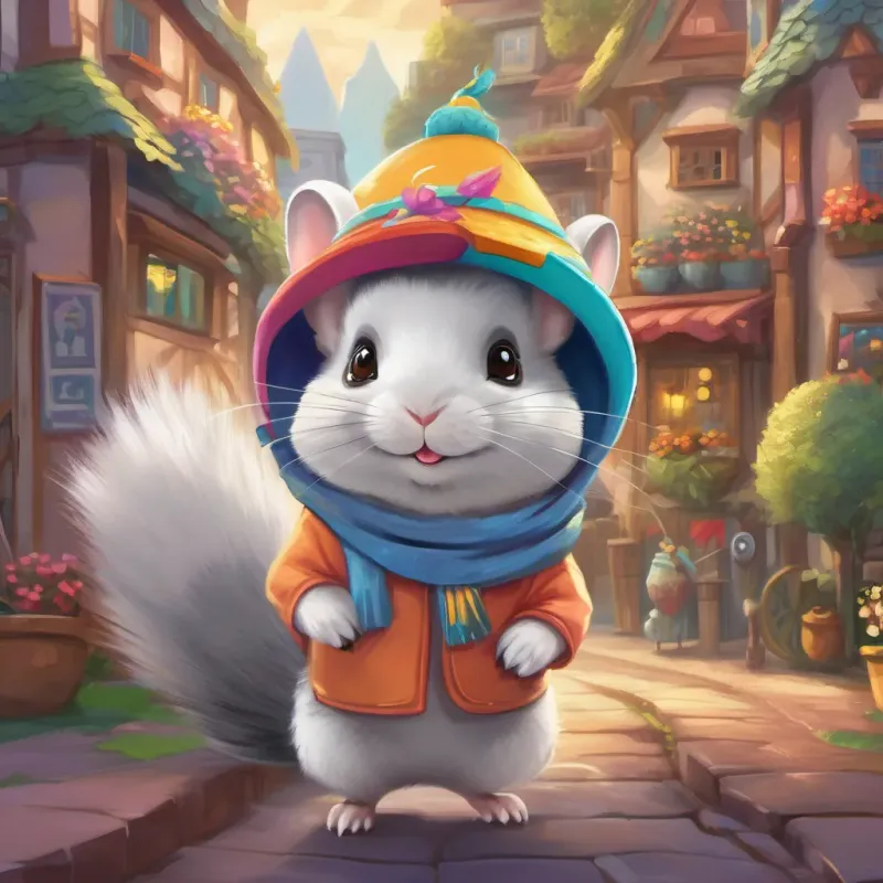 A playful chinchilla with a bright and sparkling cap in a whimsical style, wearing his bright cap, stepping out of his colorful town into the unknown, full of excitement and curiosity.