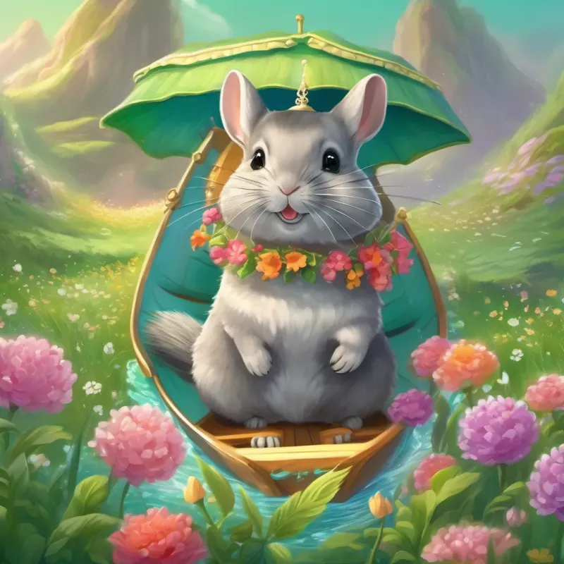 A playful chinchilla with a bright and sparkling cap in a whimsical style floating on a magical cap that resembles a boat in a lush, green meadow with flowers and gentle streams.